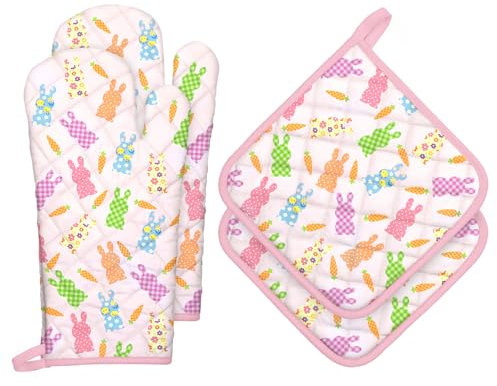 Arquiel Guanti Da Forno Presina Set Di 4, 100% Cotone Addensare Guanti Da Forno A Microonde, Presine Da Cucina Morbida Resistenti Al Calore Per Arrostire, Cuocere(Coniglietto Di Pasqua)