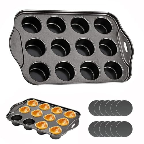 12 Cup Non-Stick Loose Bases Mini Sandwich Tin Baking Tray Carbon Steel Cupcake Mini Cheesecake Mould Non Stick Coating Muffin Pan Reusable Removable Bottom Bakeware Dishwasher Safe 33x21x4cm - Black