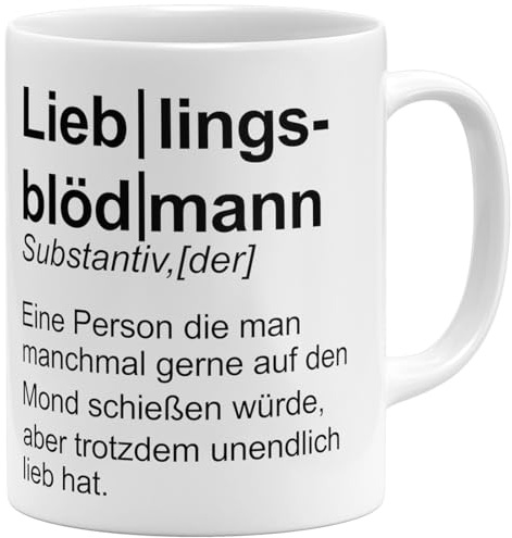 OM3® witzige Kaffee-Tasse mit Spruch - du bist mein Lieblings-Blödmann Definition - Geschenk für Männer - Freund II - Keramik Becher - 325ml - Beidseitig Bedruckt - Weiss