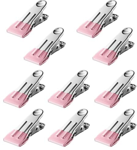 10PCS Small Clothes Pins, Stainless Steel Clothespins, Metal Drying Pegs Clamp, Multipurpose Utility Clips for Hanging Clothes Towels or Sealing Foods Bags (Pink)