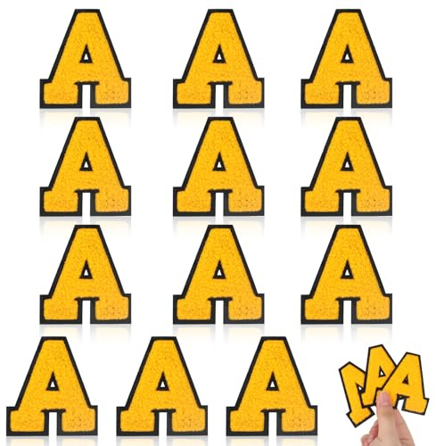 MWOOT 12 Stück Aufbügelbare Buchstaben A Aufnäher, Gestickte Applikationen DIY Alphabet Aufnäher für Kleidung, Röcke, Hüte, Taschen, Jeans (Gelb)