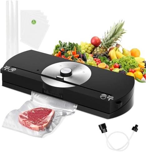 MAXVINI Vacuum Sealer Machine for Food, 65KPA Powerful Compact Vacuum Air Food Sealer with Built-In Cutter & Starter Kit, One-Touch Operation, Moist/Dry/Pulse/Canister All Food Modes LED Indicator