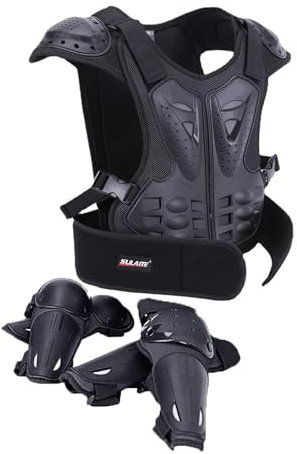 Tuta da moto per bambini, leggera, con protezioni per petto, schiena, gomiti, ginocchia, per motocross, BMX, ciclismo, fuoristrada, sport all'aria aperta, 5 pezzi (nero, M)