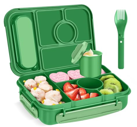 Amathley Brotdose Kinder mit Fächern,Bento Box Kinder,Brotdose Erwachsene,1300ML Lunchbox mit 5 Fächern und Saucenbehältern,Mikrowellen-und Spülmaschinenfest,BPA-Frei (Smaragdgrünn)