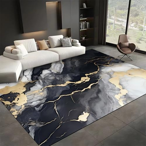 SMXVRC Modern Abstrakt Textur Wohnzimmerteppich, 120x180cm, Schwarz Grau Gold Marmor Muster KüChenteppich, Knitterfrei Waschbar rutschfest Weich Heimdekor-Teppich für Eingang Schlafzimmer