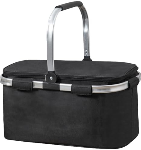 Ogetok 30L Isolierter Picknickkorb, großer Einkaufskorb Faltbare thermische Kühltasche Kühlbox, zusammenklappbarer tragbarer isolierter Picknickkorb mit Reißverschlussdeckel und Griff, Schwarz
