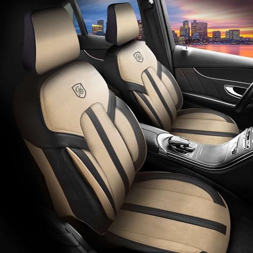 GIOVANNI BUTTI Coprisedili universali per auto e SUV – Coprisedili anteriori di alta qualità, in Alcantara, colore beige/nero, compatibile con airbag, coprisedile auto, set di montaggio incluso