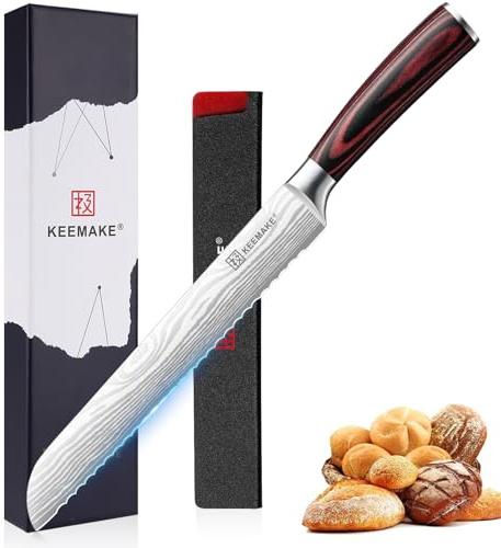 KEEMAKE Couteau Cuisine a Pain 20 cm, Couteau de Cuisine à Pain Professionnel avec Fourreau de Lame, Couteaux en Acier Inoxydable pour Baguette Boulangerie