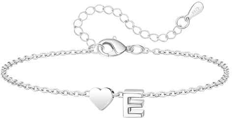 Agmore Adjustable S925 Silver Bracelets for Women A-Z Initial Letter with Heart Pendant Bracelet Gifts for Friends Daughter Mum Girls Christmas Birthday (E)
