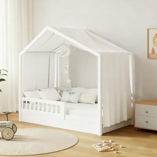GFCC Ciel de Lit Cabane Ensemble de Décoration avec 1 Pièces Rideaux Lit Cabane Enfant Baldaquin Ciel en Tissu de Maison Chambre pour Fille Garçon,135 x 360 cm Blanc