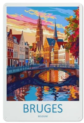 Cartel de viaje de Brujas, Bélgica, con chapa metálica, impresión en hierro, pintura elegante, decoración de pared, 20 x 30 cm.