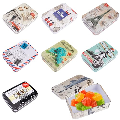 8 stycken små metallburkar, 9,5 x 6,0 x 2,5 cm plåtburkar med lock, bärbara metallburkar, rektangulär tennburk för mynt, godis, nycklar etc, små föremål