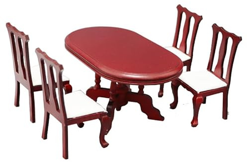 Miniature Dollhouse Furniture Set - 1 Oval Redwood Dining Table and 4 High Back Chairs, 1:12 Scale, Vintage European Style, MDF Plywood and Cloth Material