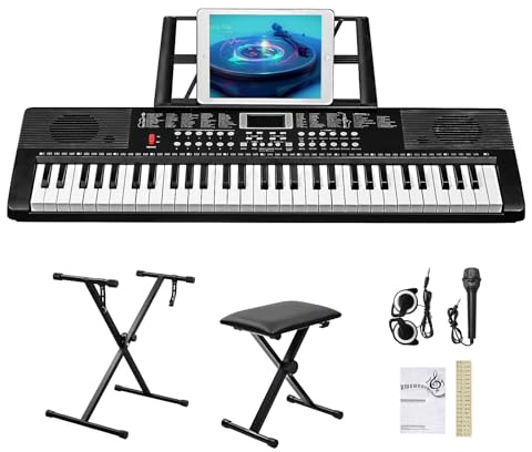 Bonnlo 61-Tasten Keyboard Set mit Ständer, Hocker, Kopfhörer & LED-Display mit eingebauten Lautsprechern – 3 Lernmodi, 200 Klänge, 200 Rhythmen, für Anfänger & Fortgeschrittene, Schwarz