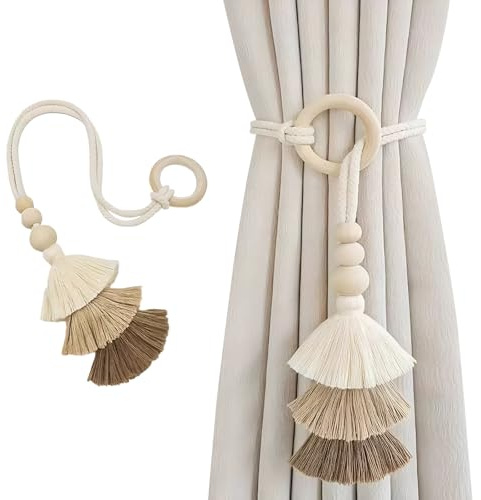 Set di 2 Fermatende con Anello in Legno Stile Boho, Corda in Poliestere Intrecciata e Pendenti con Nappe, Design Semplice e Innovativo per Salotto, Camera da Letto, Ufficio e Cameretta