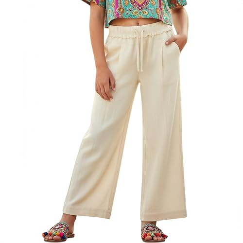 Rolanko Girls Linen Trousers, Elastic Waist Wide Leg Palazzo Lounge Beach Flowy Pants with Pockets, Ivory, 160, 12-13 Years