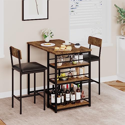 OPULENTHOME Barbordsset med 2 barstolar, ståbord med vadderad pall, med 3 hyllor, högt köksbord med 2 stolar för litet utrymme, matsal, kök (brun)