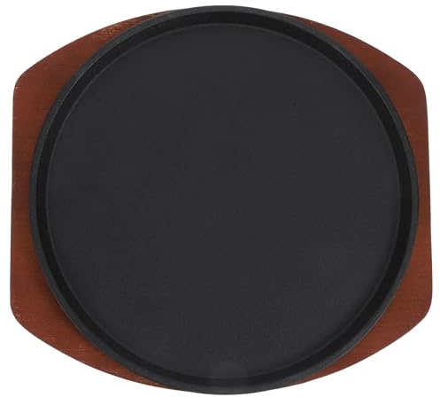 CHILDWEET Sartén para Cocinar de Hierro Fundido 25 Cm Redonda Base de Madera, Sartén para Bistec Grueso Antiadherente para Barbacoa y Cocina en Inducción, Plato para Parrilla de Carne