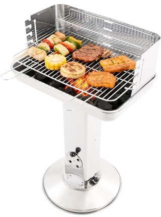 AQIFAND Holzkohlegrill Säulengrill Edelstahl mit Grillrost 3/5 fach höhenverstellbar & Aufbewahrungskorb für Camping Garten Balkon (48x48cm)
