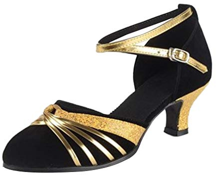 KRUIHAN Damen Tanzschuhe Latein-Salsa 5cm Absatz Geschlossene Zehen Gold Glitzer Schuhe Damen Spangenpumps für Party,Hochzeit,Training & Auftritte(Schwarze,Schuhgröße 40/39 Europäisch)