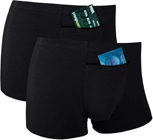 H&R Taschenunterwäsche für Männer mit versteckter Vordertasche, Reiseboxershorts, kleine Größe, 2 Packungen (schwarz)