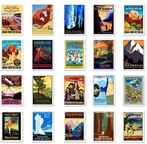 USA VINTAGE TRAVEL POSTERS postcard set of 20. Post card variety pack of United States retro poster postcards. Made in USA.