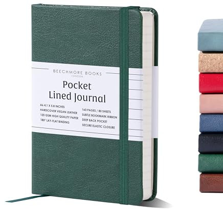 Beechmore Books Notizbuch liniert - A6, Grün, Taschenformat I Premium Hardcover Diary aus veganem Leder, 120gsm creme Papier, Geschenkbox, für Schriftsteller, Journalisten, Meetings & Studenten