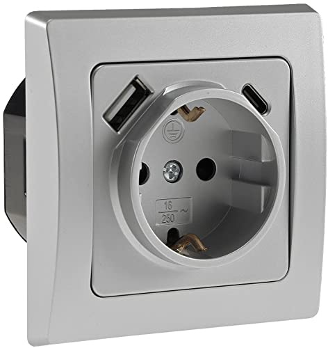 ChiliTec Steckdose Delphi mit USB-A und USB-C/PD Unterputz, Grau Silber | Klemmanschluss, Schutzkontakt, Erhöhter Berührungsschutz, UP-Steckdose