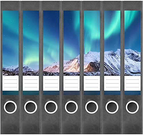 Etiketten für Ordner | Berge Nordlicht Island | 7 Aufkleber für schmale Ordnerrücken | Selbstklebende Design Ordneretiketten Rückenschilder