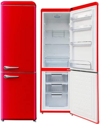 Wolkenstein Retro Kühl-Gefrierkombination Kühlschrank WKG265RT FR 250L Rot I 50er Jahre Look I 4**** Gefrierfach I Höhe 188cm I Breite 55cm I 41 dB I sparsamer Energieverbrauch von nur 201 kWh/Jahr