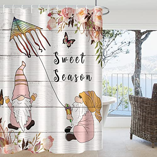 Bovlleetd 180x180cm Rosa GNOME Cortina De Ducha Cometa Mariposa Rosa Cortina De BañO Sweet Season Primavera Impermeable Cortinas De BañO BañEra Cortina para DecoracióN De BañO