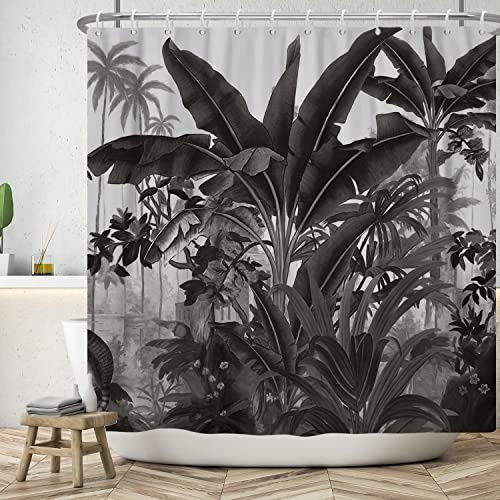 ASDCXZ Duschvorhang Dschungel 180x180 cm, Schwarz Handgemalt Tropical Pflanzen Blätter Waschbar Bad Polyester Textil Wasserdicht für Badewanne mit 12 Haken