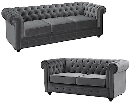 Vente-unique - Canapés 3 Places et 2 Places en Velours Anthracite Chesterfield