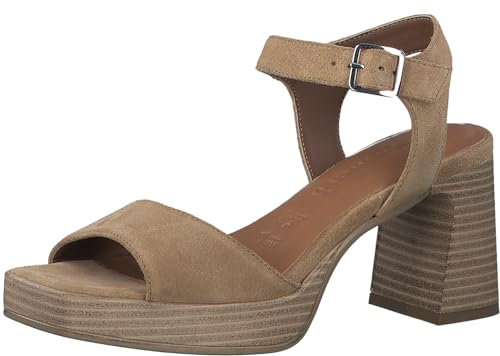 Tamaris Damen Sandalen mit Absatz Leder Blockabsatz Sommer; TAN SUEDE/braun; 38 EU
