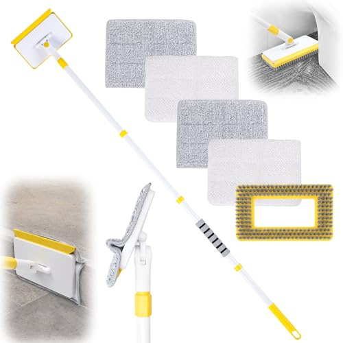 Baseboard Cleaner Tool with Long Handle,Wall Cleaner Mop with Extendable Handle 1 Stiff Bristles mop Head and 4 Reusable Cleaning Pads，Duster for Cleaning Tile Ceiling Window Skirting Board