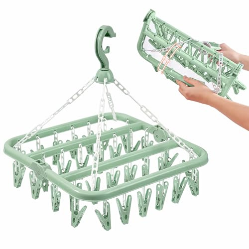 Sock Dryer, Clothes Drying Hanger with 32 Clips and Drip Foldable Hanging Sock Rack Multifunction clothes drying rack，Rotary Wind-sock hanger for washing line for Socks, Underwear, Bras (Green)