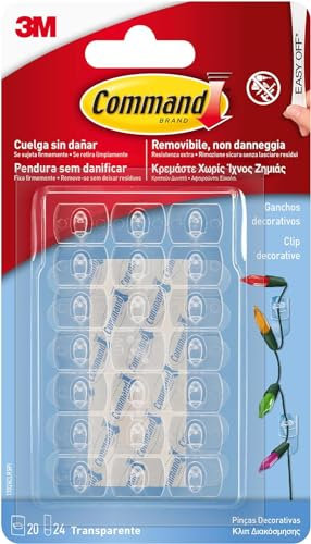 Command Clip Adesive Trasparenti per Decorazioni Interne, Confezione da 20 Mini Ganci e 24 Piccole Strisce Adesive - Decora Senza Forare, Danneggiare il Muro o Lasciare Residui Appiccosi