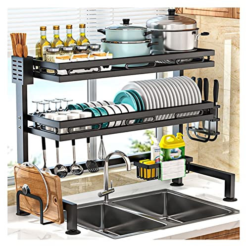 Scodella e scolapiatti sopra Il lavello, Ciotola e scolapiatti a Doppio Strato, con portaposate e scolapiatti per bancone della Cucina (Nero 75x28x82 cm)