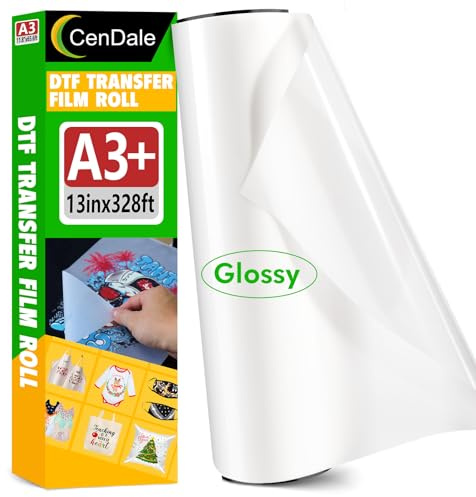 CenDale Rotolo di pellicola DTF 33 cm x 100 m, lucida, di alta qualità, formato A3+, pellicola di trasferimento DTF, peeling a caldo e a freddo, rotolo di carta DTF trasparente su un lato, per