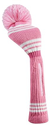 Golf Club Headcover | Tour Fit Double Layer Pom Pom Premium Knitted Golf Head Cover | Driver, Fairway, Rescue | Set of 3 or 4 | Pink/White for Ladies Clubs (for Driver)