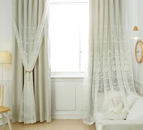 Bishilin Gardinen Blickdicht 2er Set 137x183CM, Verdunklungsvorhänge Beige Haken Doppellagig mit Voile Stickerei Blumen Motiv Polyester Vorhänge Schlafzimmer Kinderzimmer Jugendzimmer