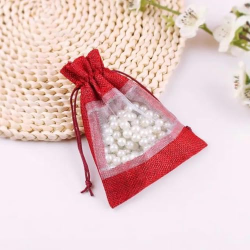 Organza-Geschenksäcke 10 Stück Sackleinen-Geschenkbeutel mit Kordelzug und transparentem Organza-Fenster, for Weihnachten, Hochzeit, Party, Schmuck, 10 x 14 cm(Rosso)