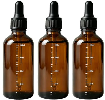 QUUPY 3PCS 100ml 3.4oz Amber Empty Glass Dropper Bottle Boston Round Dropper Bottle with Graduated Scale Essential Oil Perfume Aromatherapy Storage Container Pot Leak Proof Travel Liquid Dispenser
