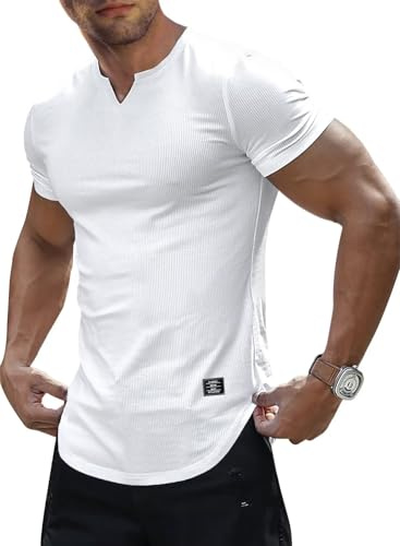 Meilicloth Tee Shirt Homme Blanc T Shirt Oversize T-Shirt Tshirt Slim Fit Col en V Manches Courtes Coton Sport Loisirs L