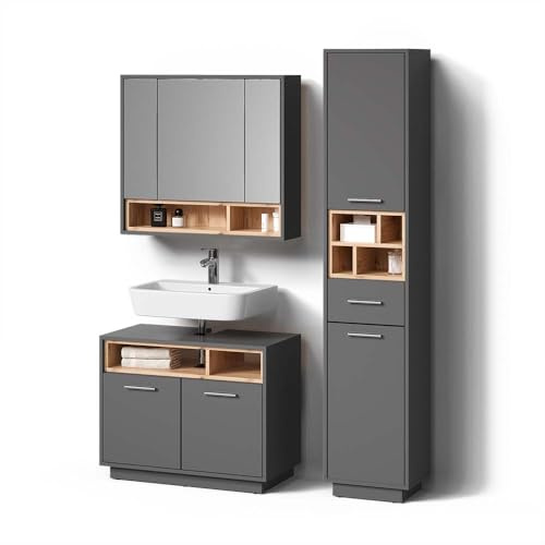Livinity Conjunto de Muebles de baño Temo, Antracita, 3 Partes, con Mueble Alto