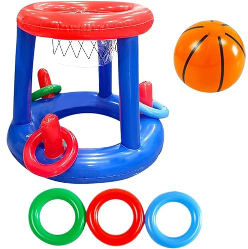 Bodeshis Inflatable Pool Games, Floating Basketball Hoop with 3 Rings and Ball, PVC Pool Volleyball Set for Water Sports, Summer Party Activities