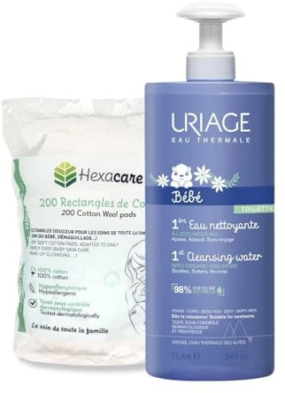 Pack Baby-Reinigungswasser 1 l und 200 Wattepads 8 x 10 cm – Gesicht und Körper ab der Geburt – 98 % natürlicher Ursprung – unter Kinderkontrolle getestet