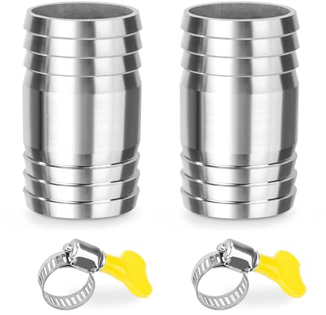 Raccord de Tuyau Cannelés, 2Pcs 41mm*65mm Connecteur Droit Barbelé en I en Forme, Adaptateur Raccords à Embout à 2 Voies en Acier Inoxydable, avec 2 Colliers