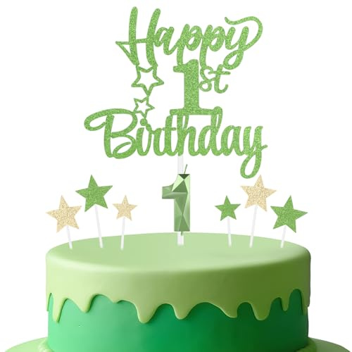 mciskin Tender Green 1st Birthday Candles Cake Toppers Set,3D Number 1 Candle for Cake,Light Green Candles Yellow Star Toppers for Girls Boys First Birthday Decorations Party Supplies