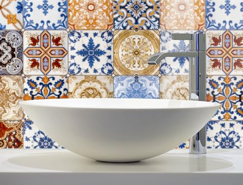 timalo Waschbecken und Badewannenrückwand 120 x 60 cm - aus Acrylglas | Azulejo Muster – mediterrane Fliesen | Wandpaneele Bad Badrückwand Platte Badewanne Rückwand Badezimmer Glasoptik